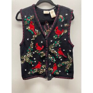 Bobbie Brooks Black Cardinal button down Vest Women Large Ugly Holiday sweater